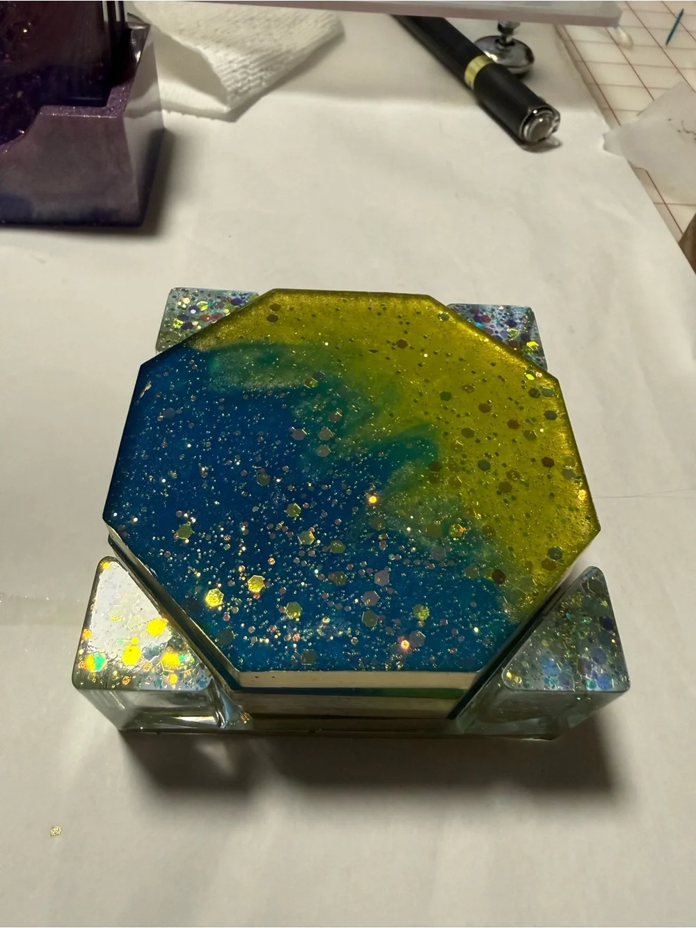 Blue and Yellow Octagonal Resin Coaster — Handmade Home Accent